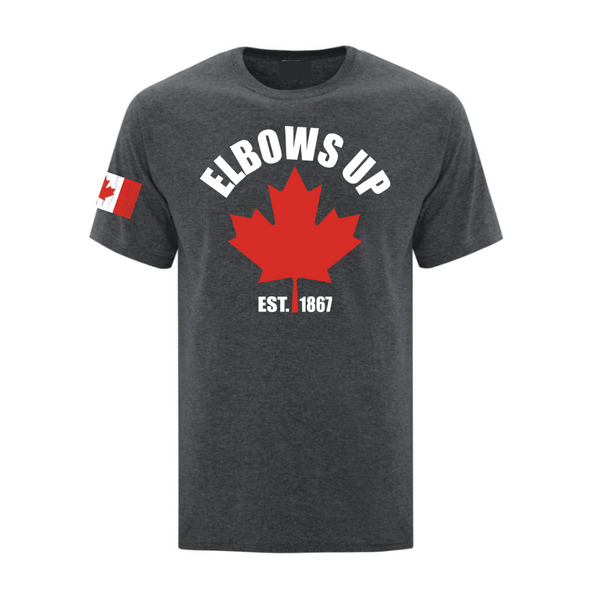 Elbows Up Canada Est 1867 with Maple Leaf shirts and sweatshirts