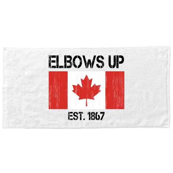 Elbows Up towel with Canadian flag and Est. 1867