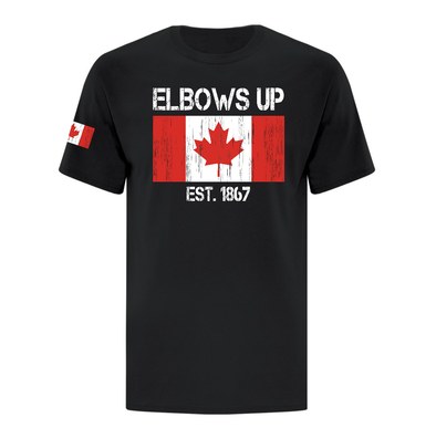Elbows Up Canada Est 1867 with the Canadian flag shirts and sweatshirts