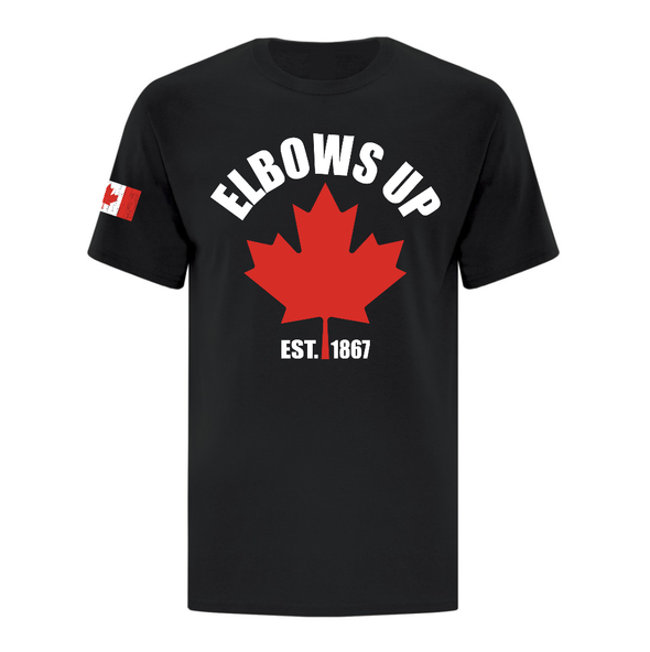 Elbows Up Canada Est 1867 with Maple Leaf shirts and sweatshirts