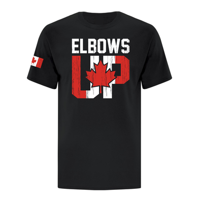 Elbows Up with a maple leaf and flag shirts and sweatshirts