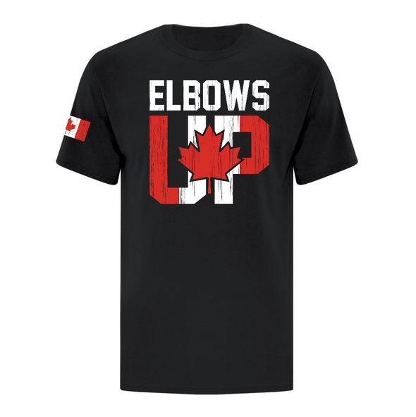Elbows Up with a maple leaf and flag shirts and sweatshirts