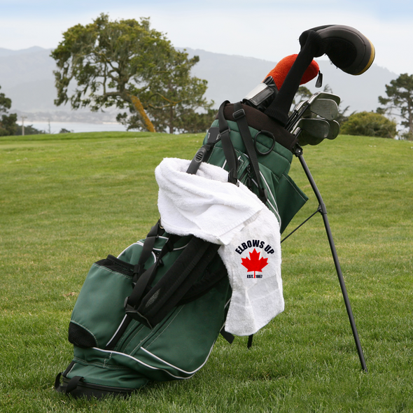 Sports towel with Elbows up text and maple leaf in red